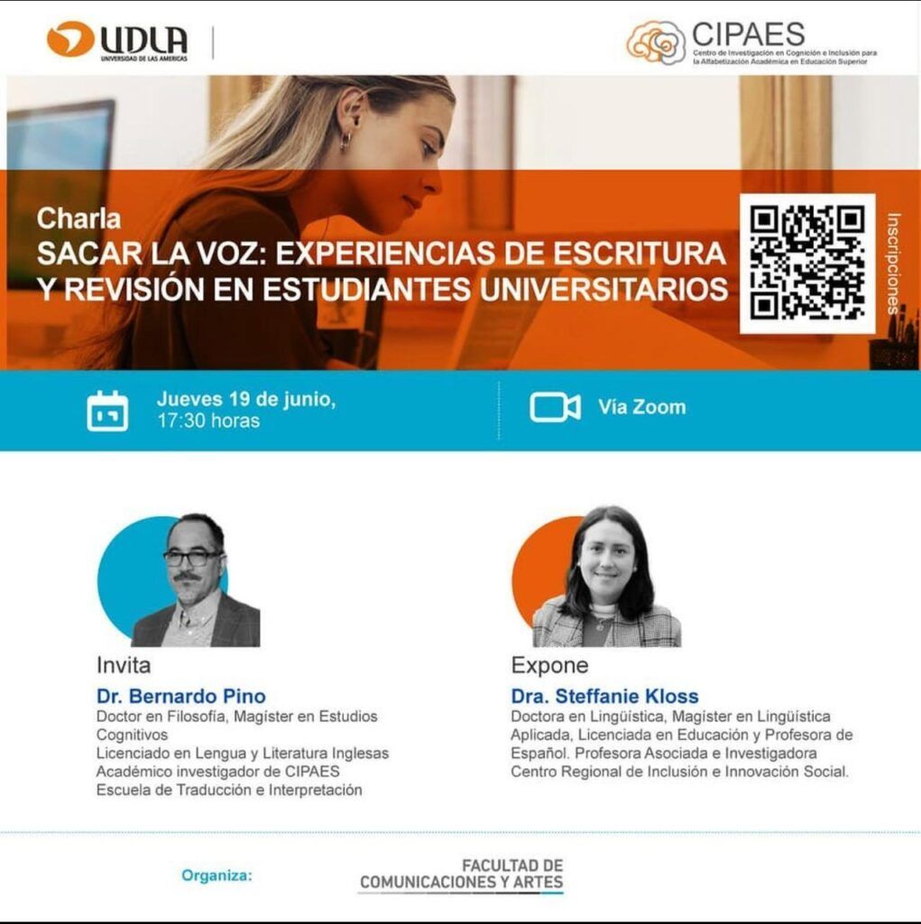 Afiche de Charla: Sacar la voz: experiencias de escritura y revisión en estudiantes universitarios.
